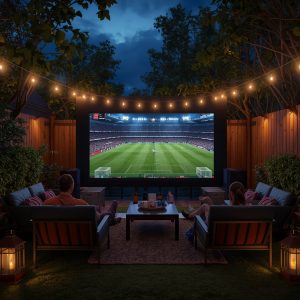 vidéoprojecteur extérieur match de football en direct écran géant ambiance cinéma jardin