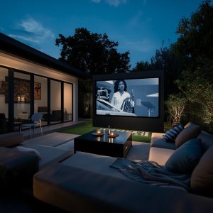 vidéoprojecteur extérieur installé dans un jardin pour une soirée cinéma en plein air