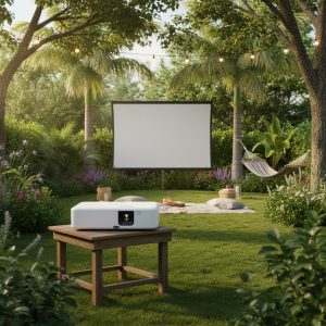 Epson CO-FH02 vidéoprojecteur Full HD projetant une image sur mur blanc sans écran dans une pièce lumineuse