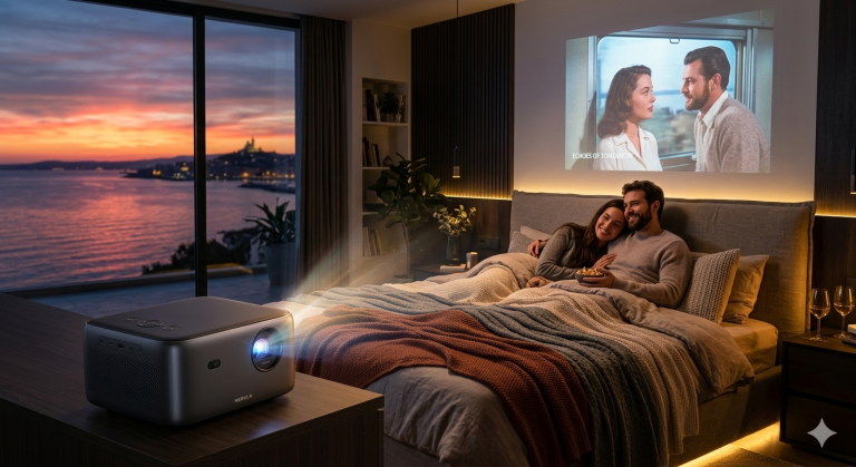 vidéoprojecteur soirée ambiance cinéma dans chambre avec couple regardant un film