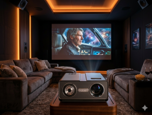 videoprojecteur pour film avec ambiance home cinema immersive dans un salon moderne