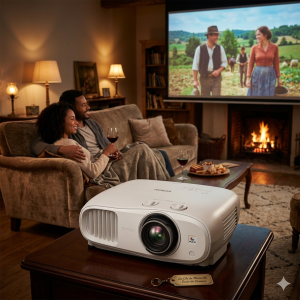 videoprojecteur pour film avec ambiance cinema romantique en couple dans un salon
