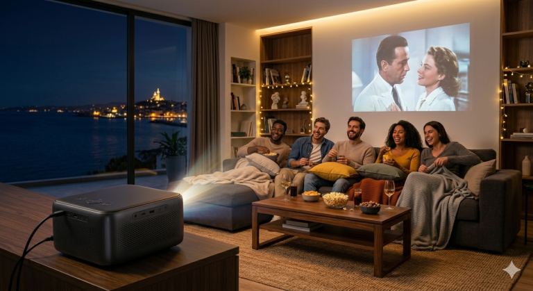 vidéoprojecteur soirée entre amis ambiance film salon projection cinéma maison