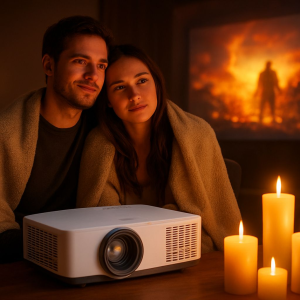 vidéoprojecteur salon ViewSonic PA503S installé pour projection sur mur dans une pièce lumineuse