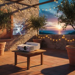 vidéoprojecteur courte focale Optoma GT5600 installé proche du mur avec grande image dans un salon