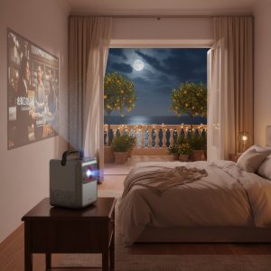 vidéoprojecteur courte focale installé dans un salon moderne avec projection sur mur ambiance cinéma