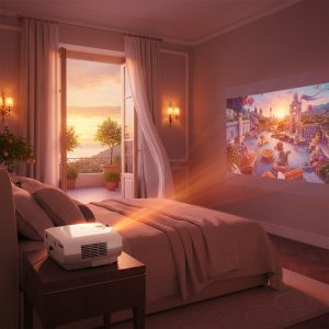  écran pour vidéoprojecteur installé dans une chambre avec projection murale