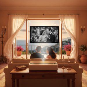 vidéoprojecteur courte focale XGIMI Aura projetant une image 4K sur écran dans un salon haut de gamme
