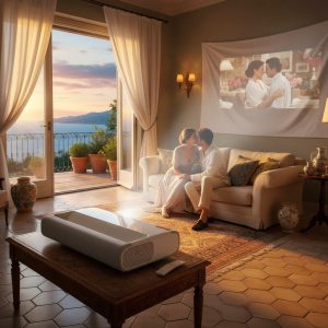 vidéoprojecteur courte focale Samsung The Premiere utilisé pour une projection cinéma dans un salon lumineux