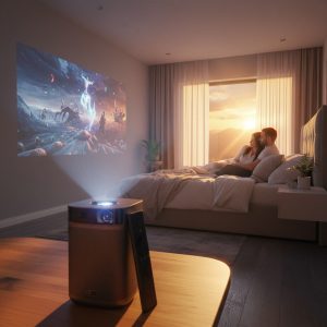 vidéoprojecteur smartphone compact utilisé par un couple avec connexion téléphone et projection cinéma dans une chambre