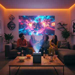 vidéoprojecteur smartphone compact utilisé par un couple avec connexion téléphone et projection cinéma dans une chambre