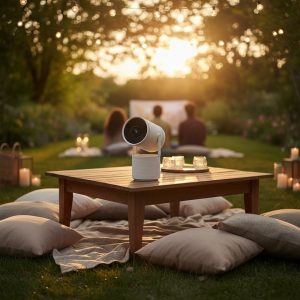 mini vidéoprojecteur moderne installé pour une soirée cinéma en extérieur