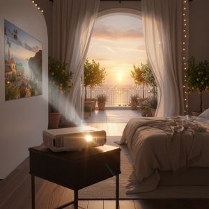 ViewSonic PX749-4K dans une chambre lumineuse avec vidéoprojecteur 4K et vue coucher de soleil