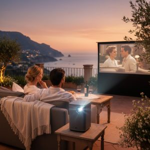 XGIMI Halo Plus en terrasse au coucher du soleil avec projection de film romantique en extérieur