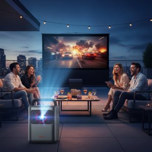 Nebula Cosmos 4K SE utilisé en soirée entre amis pour regarder un film d’action sur grand écran