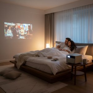 XGIMI Horizon Ultra utilisé dans une chambre pour regarder un film en streaming avec Android TV