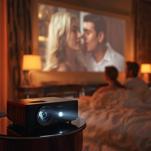 vidéoprojecteur salon installé dans une chambre avec couple regardant un film ambiance cinéma