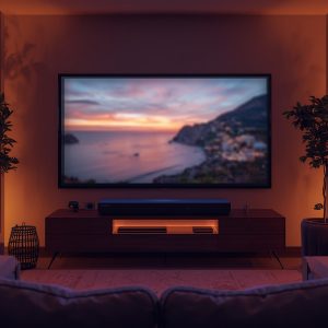 son vidéoprojecteur amélioré avec barre de son dans un salon moderne ambiance cinéma maison
