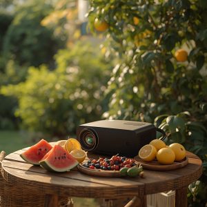 vidéoprojecteur silencieux utilisé dans un environnement estival avec fruits et lumière naturelle
