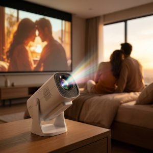 vidéoprojecteur smartphone compact utilisé par un couple avec connexion téléphone et projection cinéma dans une chambre