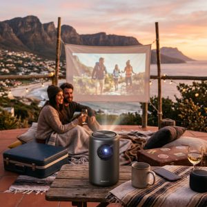 vidéoprojecteur voyage compact utilisé en extérieur avec projection film au coucher de soleil ambiance détente