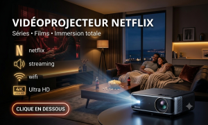 vidéoprojecteur netflix ambiance cinéma salon couple regardant série grand écran